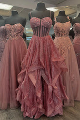 Sparkly A Line Dusty Blue Prom Dress Tulle Beaded Sleeveless